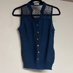 Edge Navy Button-Up Blouse with Sheer Lace